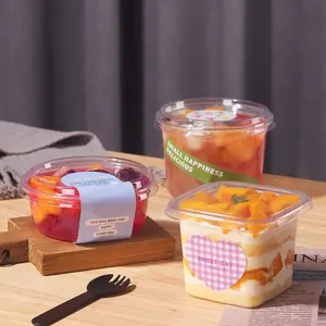 一次性圆形苹果水果塑料盒带盖食品包装甜点碗不同贴纸