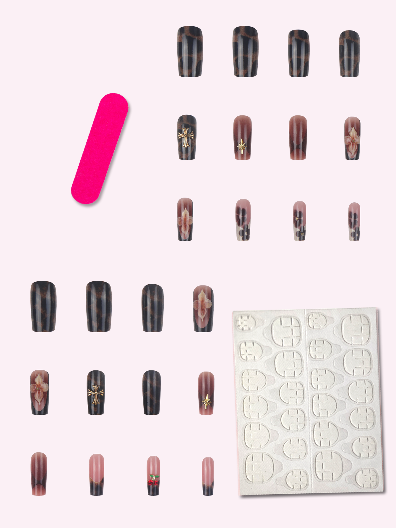 24PCs ABS Material Retro Brown Flower Cherry Rhinestone Pattern Full Cover Fake Nails for Finger Application