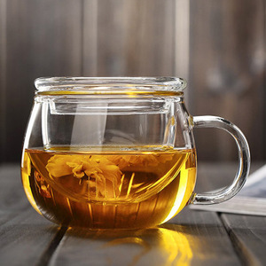 Taza de elaboración de té de flores de vidrio de borosilicato alto con separación de mango Juego de tazas de tres piezas de cubierta plana de oficina divertida - Product Image 1