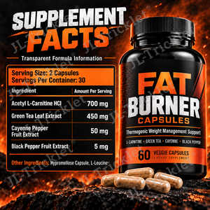 Capsules brûle-graisses avec acétyl-L-carnitine, thé vert, piment de Cayenne, 60 unités, gestion du poids, fabricant OEM, marque privée - Product Image 2