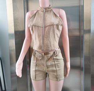 Women's Sleeveless Zipper Short-Sleeve Top With <b>Elastic</b> Shorts and <b>Belted</b> Waist Casual 2-Piece Denim Set Fashion - Product Image 6