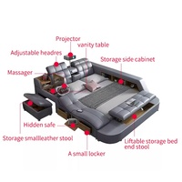 Lit intelligent de luxe moderne multifonctionnel en cuir taille King avec commode de rangement et fonction de massage du repose-tête, cadre en bois