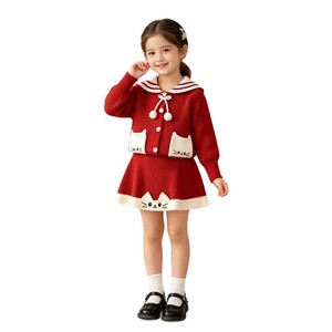 Set 2 Pezzi per Bambine Stile Marinaio con Gatto Cartoonesco, Cardigan Lavorato a Maglia e Gonna, Outfit Casual Autunno Inverno - Product Image 5