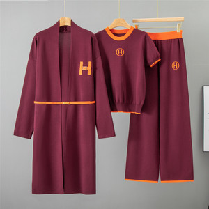 Stile autunnale da <span class=keywords><strong>donna</strong></span> in tre pezzi elegante a maniche corte <span class=keywords><strong>pantaloni</strong></span> <span class=keywords><strong>larghi</strong></span> a maglia lunga con giacca Cardigan in tinta unita 0592 - Product Image 4