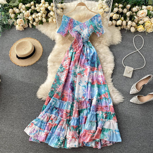 Women's <b>Floral</b> Party Beach Wear Flower Printed Casual <b>Dresses</b> Women Smocking Off-Shoulder Maxi <b>Shirring</b> <b>Dress</b> for Ladies - Product Image 2