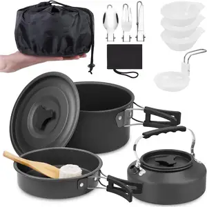 Juego de utensilios de cocina para acampar NPOT, juego de 14 piezas de aluminio para acampar, vajilla para acampar, cocina al aire libre, juego de ollas de cocina plegables