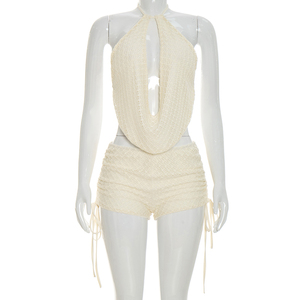 Viviblook C26ST198 Conjunto de Verano para Mujer, Nuevo, Color Sólido, Sexy, Sin Mangas, Espalda Descubierta, Top con Cuello Colgante, Shorts, Conjunto de 2 Piezas - Product Image 1