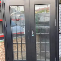 Puerta de Seguridad Exterior Comercial Moderna LEADOWVIN, Marco de Aluminio Negro, Acabado de Acero Inoxidable Resistente al Agua, Resistencia al Fuego de 1.5 Horas