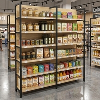 Étagère de supermarché réglable et durable en grain de bois, avec cadre métallique et revêtement en poudre époxy, installation rapide, présentoir multi-usages