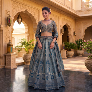 Robe de mariée brodée Lehenga Choli, longueur ras du sol, silhouette trapèze, polyester/coton, sequins épais, froncée, motif floral, deux pièces - Product Image 1