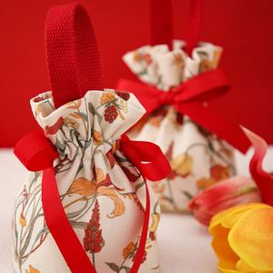 Exquisite Printed Drawstring Festival Souvenir Floral <b>Mini</b> Gift Bags With Handles Canvas Small Candy Bag - Product Image 6