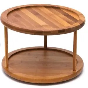 テーブルトップ用の新しいデザインの素朴な木製2層多機能オーガナイザー段付きトレイスタンドレイジースーザン