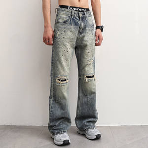 A24AZ-W615/Starry <span class=keywords><strong>Sky</strong></span> Jeans Rotos con Pedrería, Estilo Desgastado, Corte Recto Holgado para Hombre, Marca de Moda de Gama Media-Alta, Retro - Product Image 2