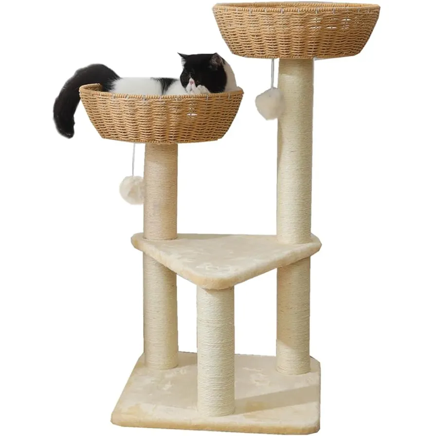 Torre de árbol de gato moderna para gato grande con camas de cesta de cuerda de papel tejidas a mano, percha de ventana de gato, árbol de gato de mimbre de ratán (2 cestas)