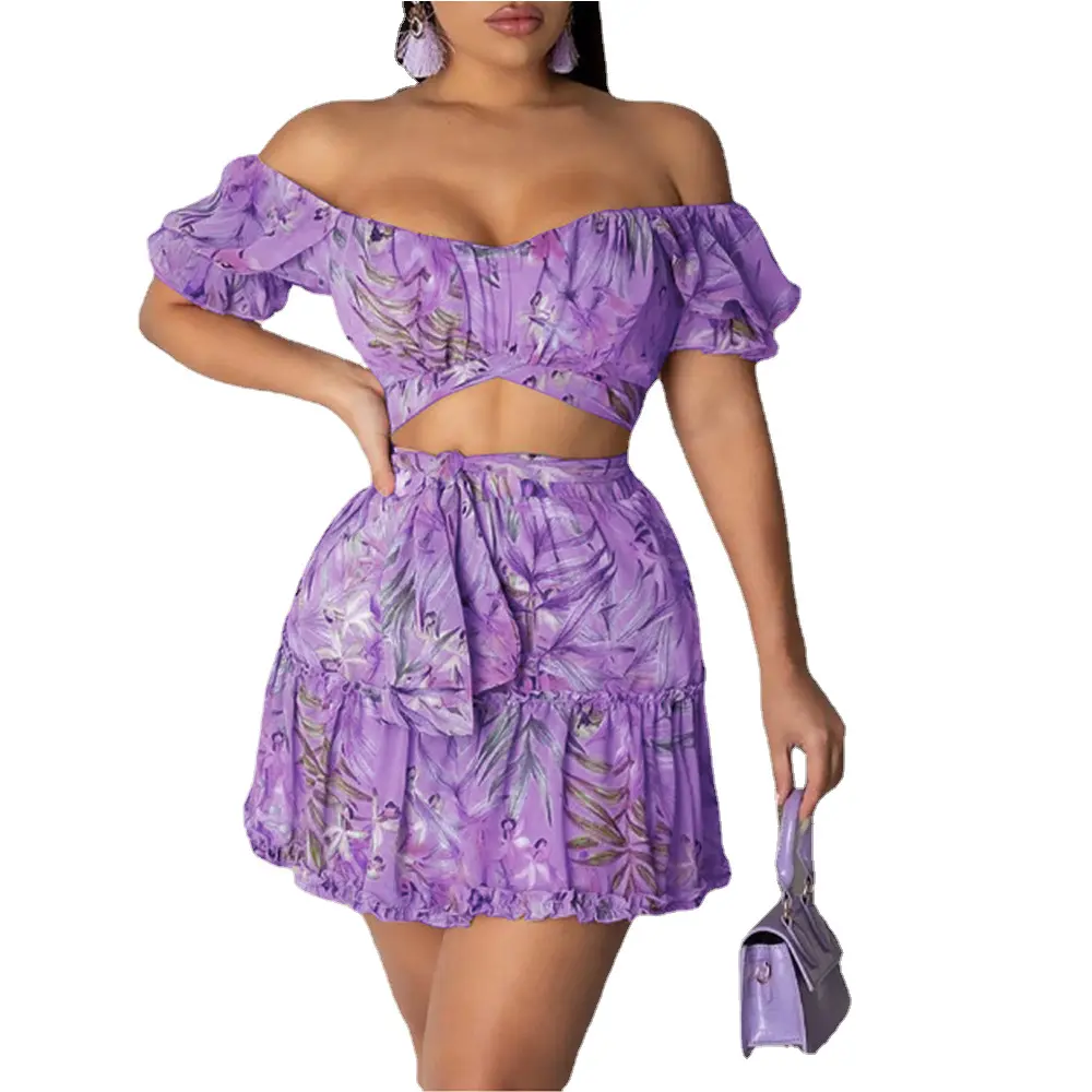 Women Off Shoulder Floral Print Top & Frill Hem Skirt Set Ruffle Tie Vacation Casual Cute Clothing 2PCS Floral wrap hip skirt
