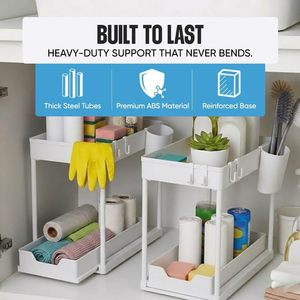 Multifunctional 2-Tier Sliding Under-Sink Plastic Non-Folding Eco-Friendly <b>Basket</b> Organizer Drawer Kitchen Bath Tools Holder - Product Image 3