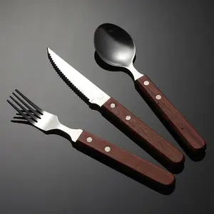 食品级安全金属旅游餐厅勺子叉刀餐具套装木柄