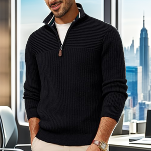 Pull à col zippé pour homme, manches longues, tricot uni, style business décontracté, noir, avec logo sur le devant, pour l'automne - Product Image 2
