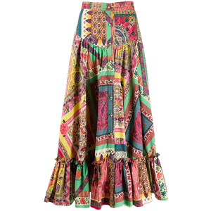 マルチカラーのナチュラルウエストボタン、100％コットン、ティアードデザインのミディ丈スカート、インドの女性用ロングスカート - Product Image 1