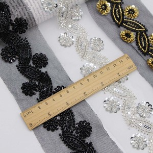 Tela de Encaje Bordado con Malla Negra y Blanca, Tela para Coser Ropa, Adorno de Cuentas de Cristal, Adorno de Lentejuelas con Flores para Disfraces - Product Image 2