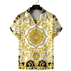 Men's Hawaiian <b>Shirt</b> Short Sleeve V-Neck Printed Breathable 140g Covered Button Button Collar Summer Vacation <b>Gold</b> Pattern - Product Image 1