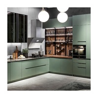 Meuble de cuisine sur mesure en bois grainé vert sauge, en forme de L, avec plan de travail en granit, en bois massif, fermeture douce, étanche, pour la maison