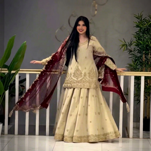 <b>Women</b> Cream Embroidered <b>Kurta</b> Set with Maroon Dupatta Palazzo Salwar Suit Wedding Ethnic Wear - Product Image 1