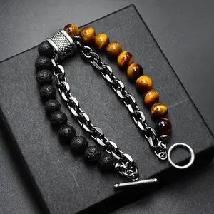 Fashion gemstone tiger eye stone lava beads black chain bracelets for men