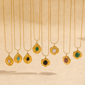Collier en acier inoxydable avec pierre naturelle pour femme, pendentif goutte d'eau plaqué or 18 carats, design géométrique, chaîne de clavicule - Product Image 1