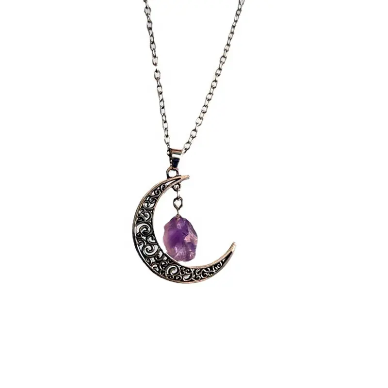 Custom Natural Purple Crystal Quartz Amethyst Pendant Stones Moon Jewellery Non Tarnish Necklace