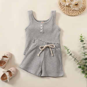 <strong>Newborn</strong> Outfit Cotton Solid Button Sleeveless Top <strong>Vest</strong> + Loose Shorts Toddler Baby Boy Girl Summer 2pcs Baby Girls' Clothing Set - Product Image 3