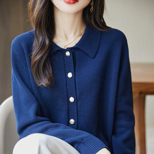 Cárdigan de punto con cuello para mujer Jinglingyun, manga larga, ajuste holgado, color liso, algodón puro, ropa de abrigo para primavera y otoño, anti-bolitas - Product Image 1