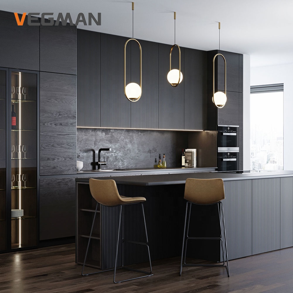 Professional Good Price Complete Black Color Wooden Veneer Kitchen Design Modern Cupboards For Kitchen Furniture Kitchen Cabinet