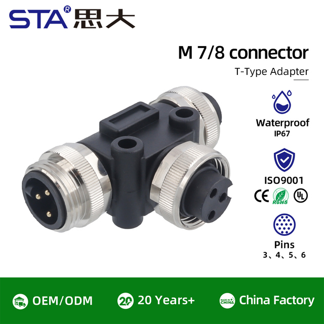 7/8 Waterproof T Adaptor IP67 NMEA2000 3 4 5 6 Pin Male Into Female One Into Two M12 Turn 7/8 Industrial Splitter Connector