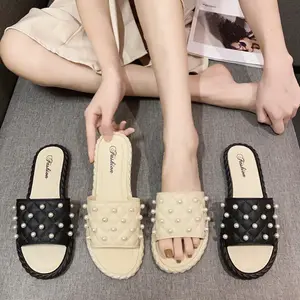 New summer Korean version of pearl slippers girls indoor and outdoor home craft soft sole one-line sandals wholesale