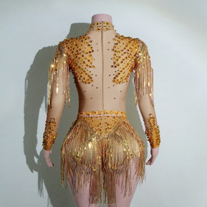 Traje de Baile Glamuroso para Drag Queen, Sexy, con Flecos de Pedrería Dorada, Cuello Alto, Estilo Nupcial, Uniforme para Grupo de Baile, Ropa de Escenario, Personalizado - Product Image 3