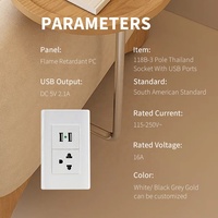 Prise murale standard sud-américaine de qualité PC, couleur blanche, Thaïlande, 3 pôles, avec double ports USB et voyant lumineux