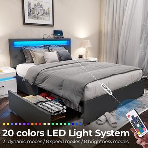 Cadre de <span class=keywords><strong>lit</strong></span> pleine grandeur à vente chaude avec lumières LED et ports USB <span class=keywords><strong>Lit</strong></span> rembourré avec tête de <span class=keywords><strong>lit</strong></span> réglable et tiroirs de rangement - Product Image 4
