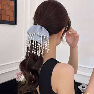 Élastiques à cheveux en satin perlé de luxe léger avec pompons, pour queue de cheval basse, charme féminin, pour fille - Product Image 2