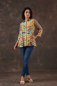 Camisa tipo túnica con estampado geométrico abstracto, cierre de botones, corte holgado, manga larga, blusa de moda contemporánea para mujer - Product Image 3