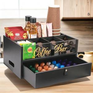 Wooden coffee capsule storage box, desktop bar counter tea bag storage rack with drawer, straw, <b>disposable</b> <b>cup</b> storage - Product Image 1