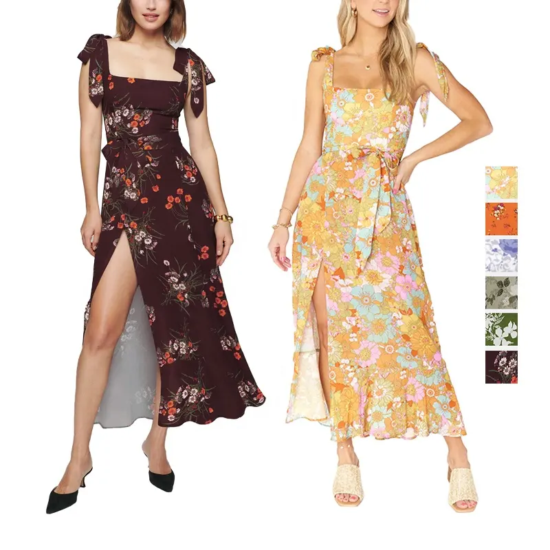 Women Elegant Beach Boho Dress New Ruffle Split Strap Floral Printed Casual Maxi Dress