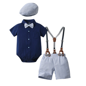 Nouvel <span class=keywords><strong>ensemble</strong></span> trois pièces MQATZ : salopette avec chapeau, costume d'été à manches courtes pour bébés garçons, style britannique - Product Image 2