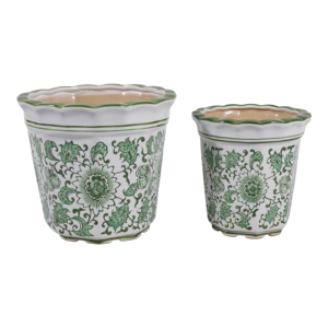 Vasi Rotondi in Gres con Bordo Ondulato, Design Floreale Verde, Contenitori Decorativi per Piante da Interno ed Esterno - Product Image 3
