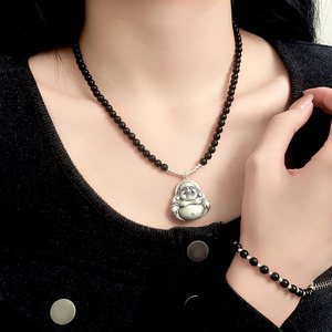 Collar de Plata de Ley 925 con Colgante de Buda Maitreya y Ágata Negra, Estilo Chino, para Uso Diario, Cadena para Clavícula - Product Image 3