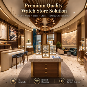 Vitrine de présentation de montres sur mesure avec plateau en marbre, finition laiton et verre, pour showroom de montres de luxe, solution d'aménagement intérieur clé en main - Product Image 1