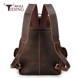 Tiding Crazy Horse Leather <b>Backpack</b> <b>Large</b> Capacity Men's Outdoor Travel <b>Backpack</b> Solid Color Detachable Strap - Product Image 3