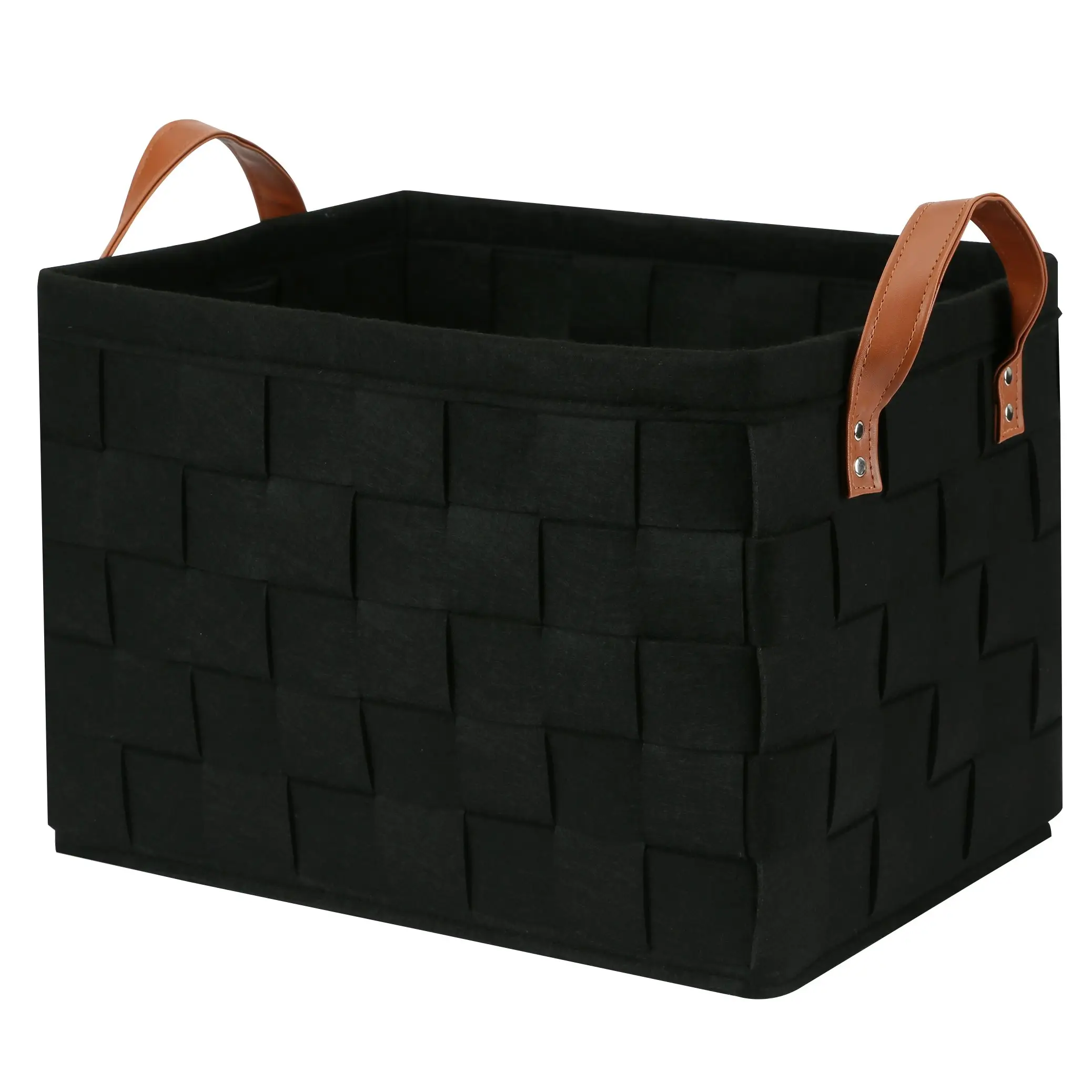 Collapsible rectangular leather handle large black hand woven storage basket for organizing