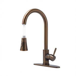 Robinet mélangeur d'évier de cuisine en alliage de zinc finition bronze avec douchette extractible, double poignée, montage sur plan, fonction eau chaude et froide - Product Image 1