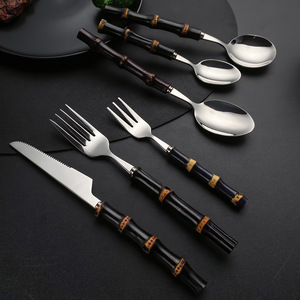 Bamboo-Style Cutlery <b>Set</b> 304 Stainless Steel Knife Fork Spoon Mirror Polished Western Tableware Adult Use - Product Image 2